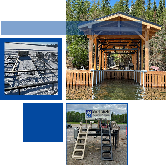 Examples of pipe dock, boat lift and dock and metal ramps done by Metal Works Keewatin.